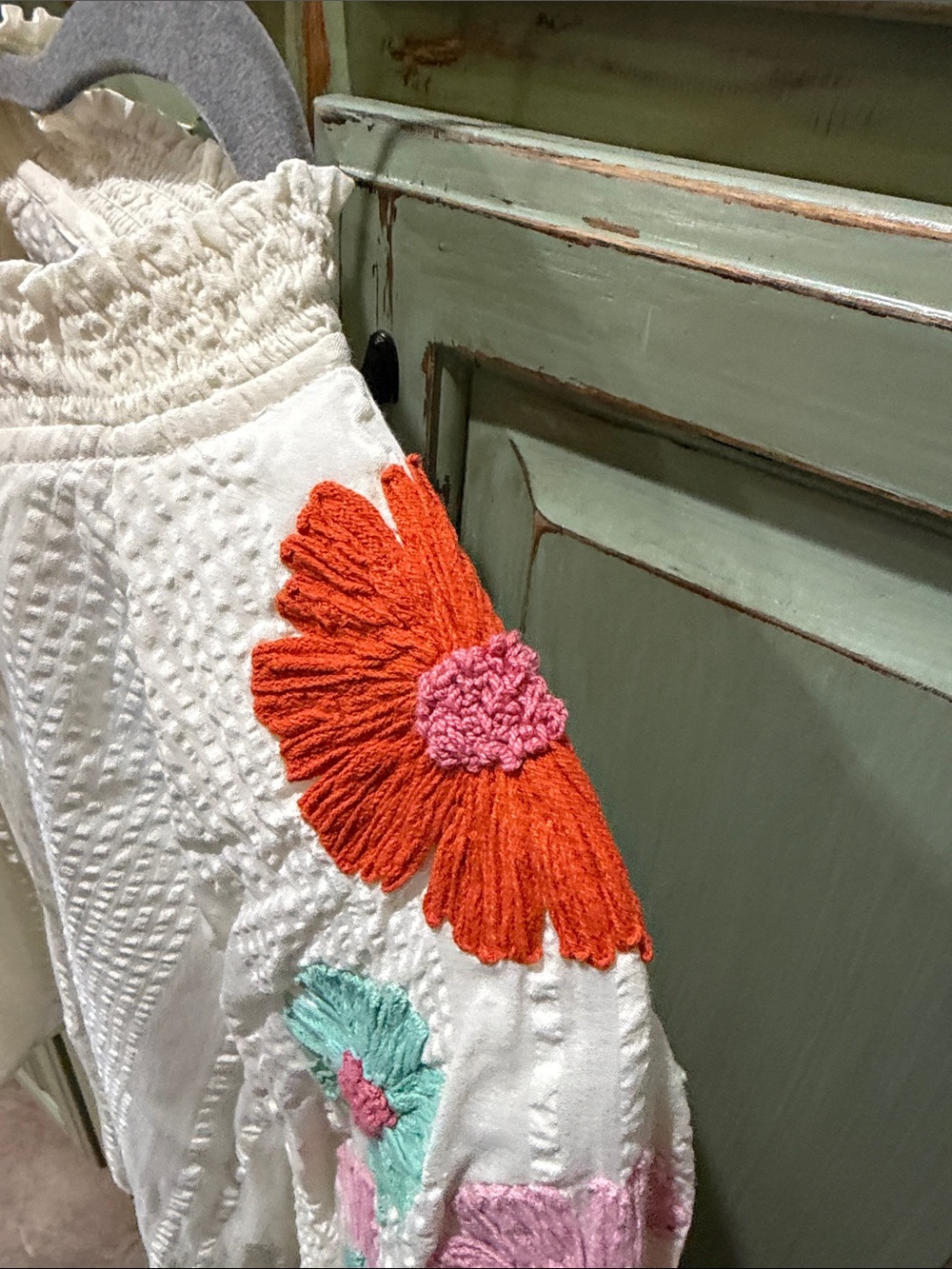 THML White Textured Puff-Sleeve Blouse with Multicolor Floral Embroidery - Picture 6 of 6